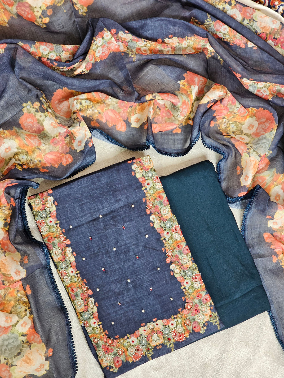 Semi Tussar Digital Prints Unstitched Salwar Suit  - Dark Peacock Blue