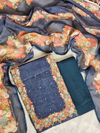 Semi Tussar Digital Prints Unstitched Salwar Suit  - Dark Peacock Blue