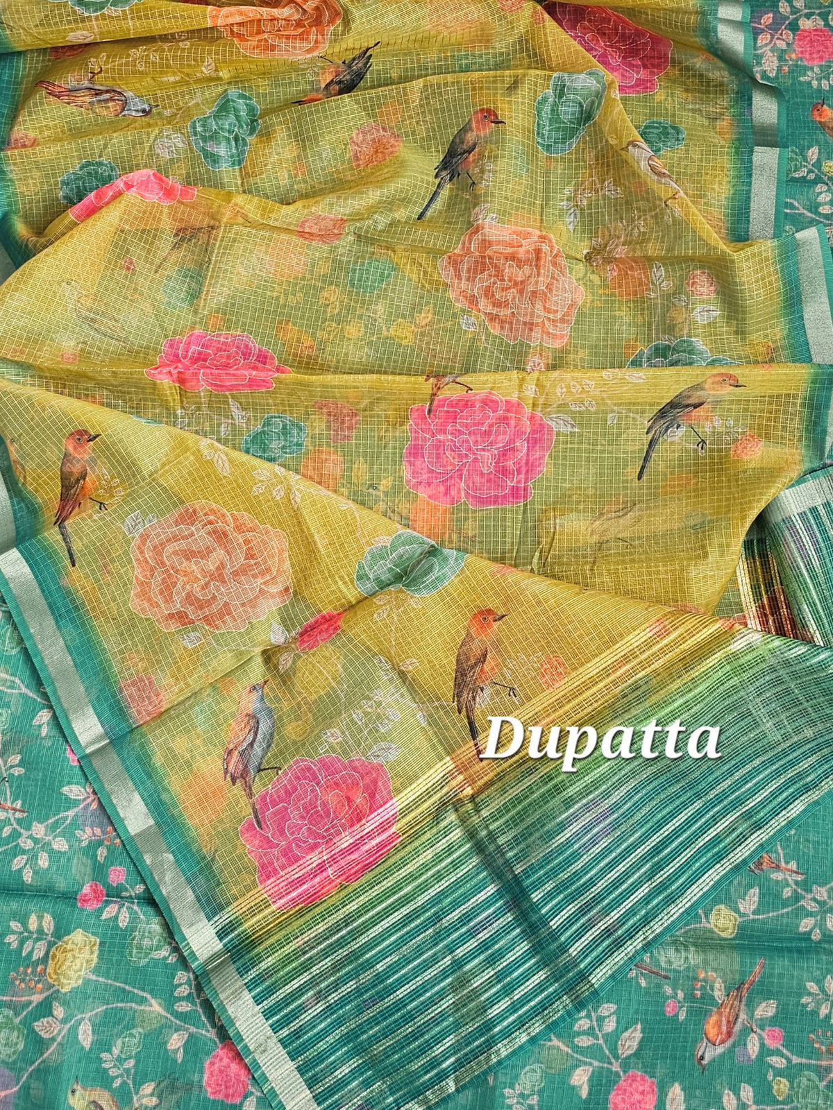 Semi Tussar Kota Weaving Unstitched Salwar - Rama Green with Green