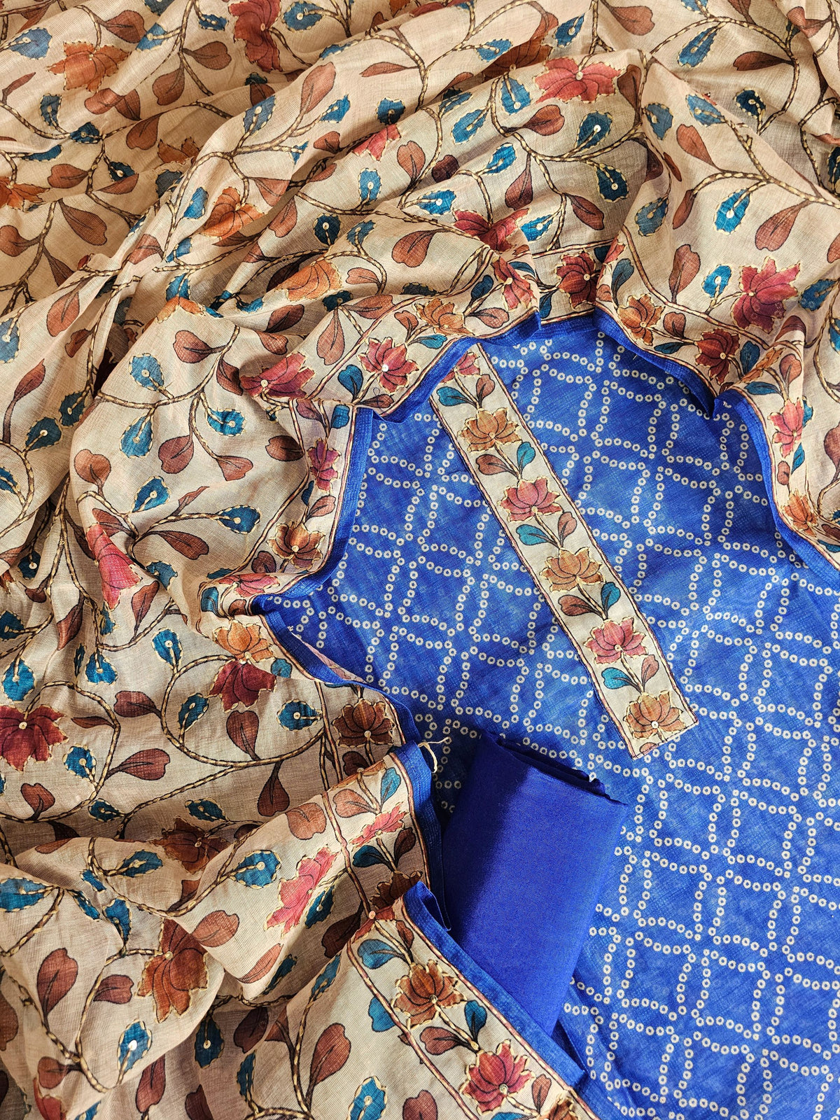 Chanderi with Kantha Unstitched Salwar Suit - Blue