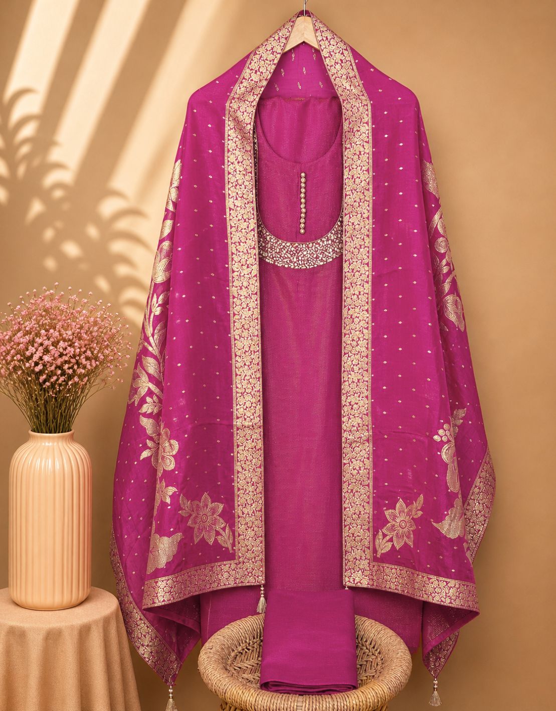 Soft Tissue Silk Unstitched Salwar Set – Pink