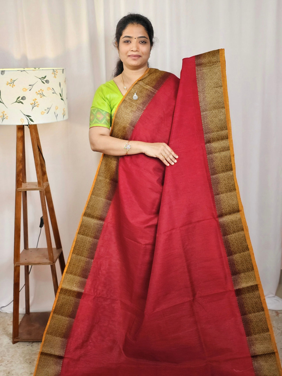 Jute Banarasi Saree - Red with Mustard Yellow