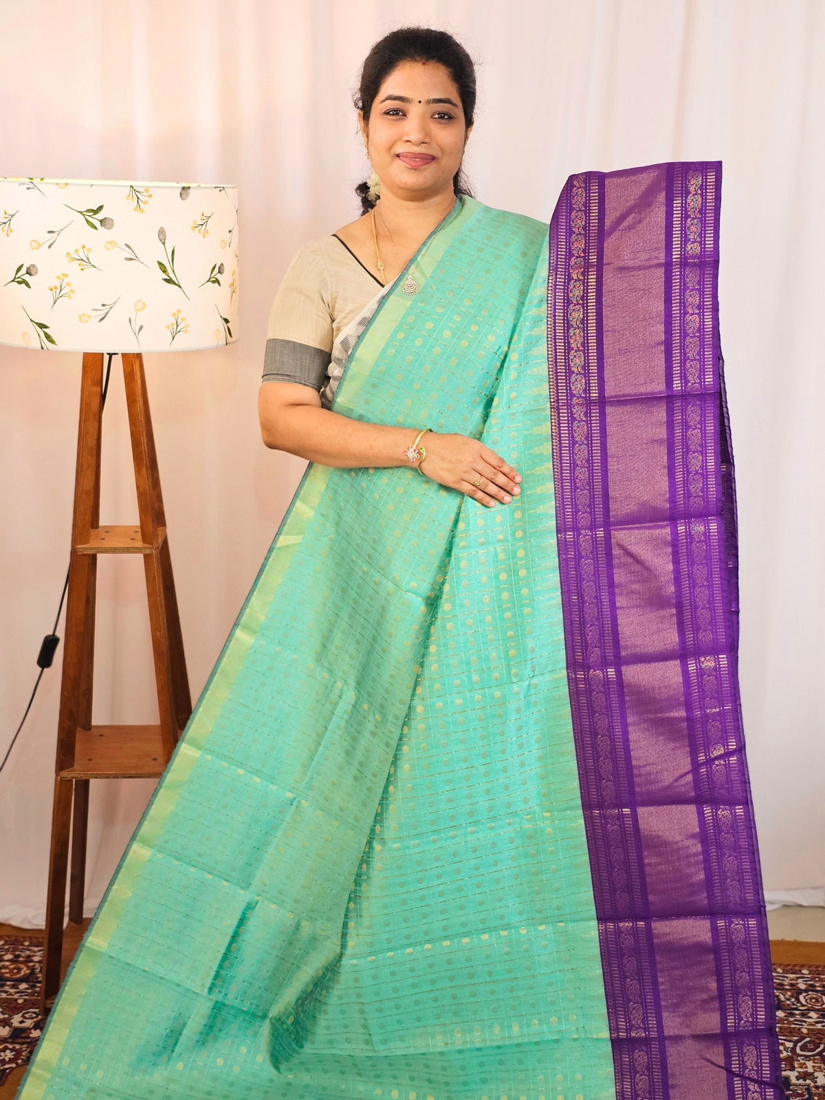 Semi Raw Silk Saree - Teal Green with Purple