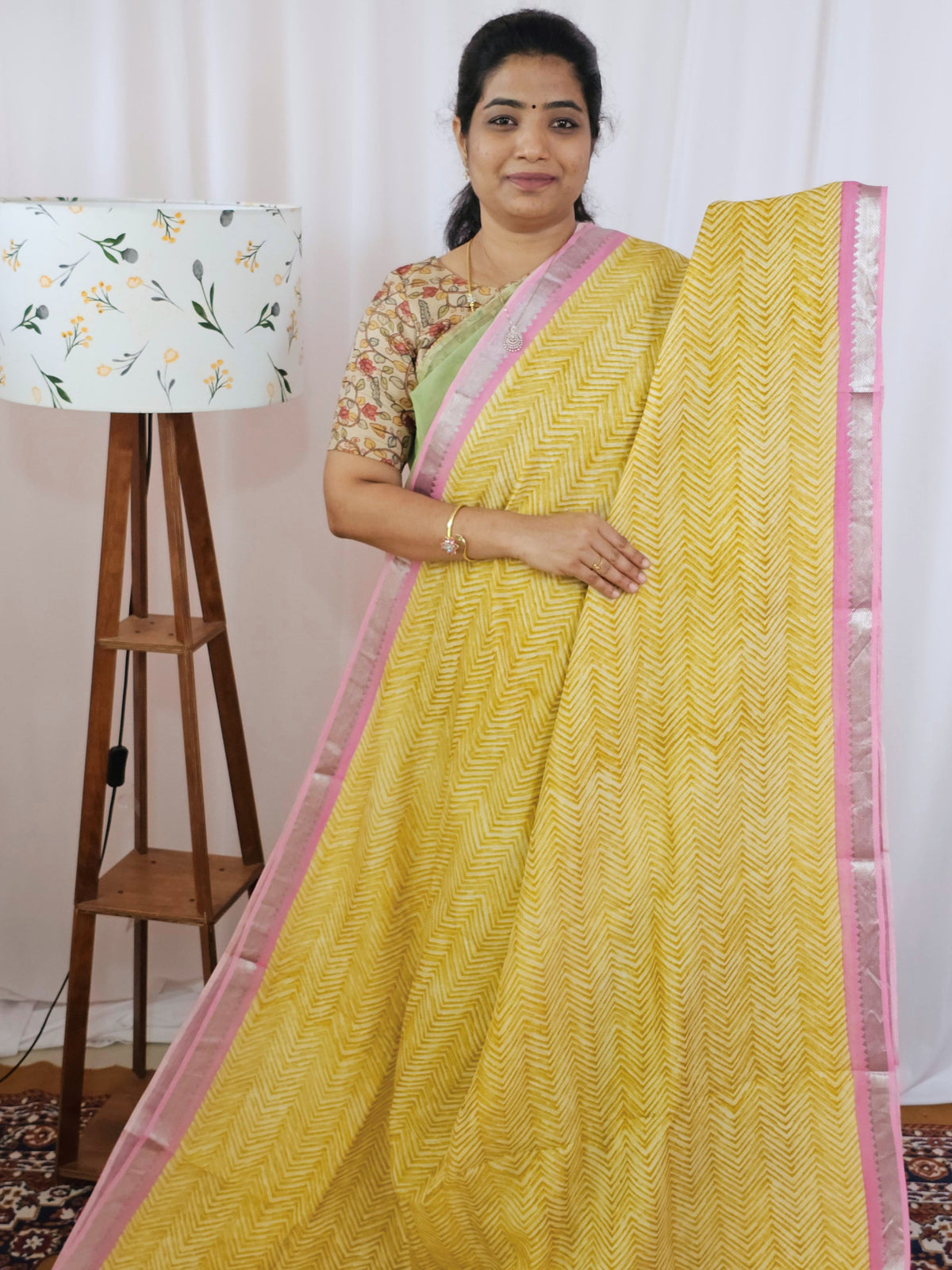Handwoven Mangalagiri Pattu Saree with Digital Prints  - Yellow with Pink
