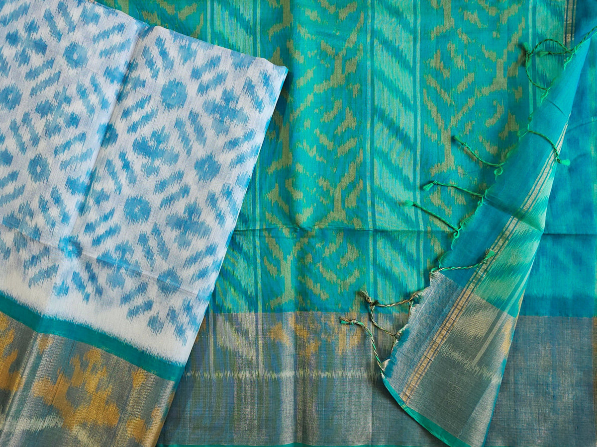 Off-white with Blue Pochampally Ikkat Silk Cotton (SICO Pattu)