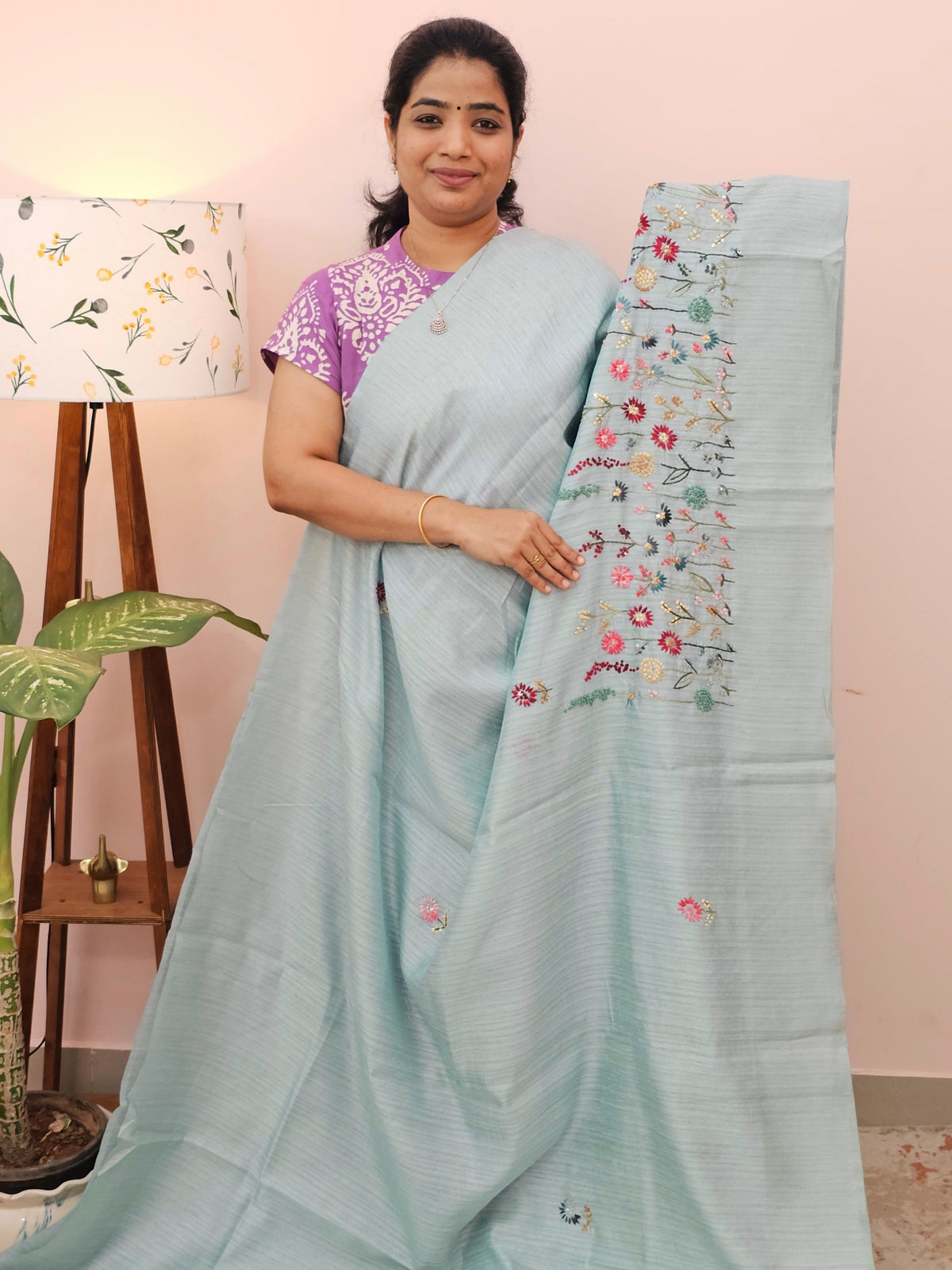 Premium Soft Linen Tissue with Hand Emboridery - Blue