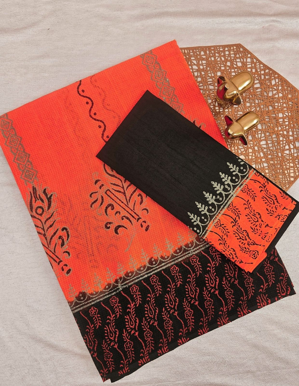 Pure Cotton with Checks Hand Block Prints - Dark Orange with Black