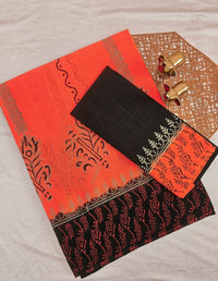Pure Cotton with Checks Hand Block Prints - Dark Orange with Black