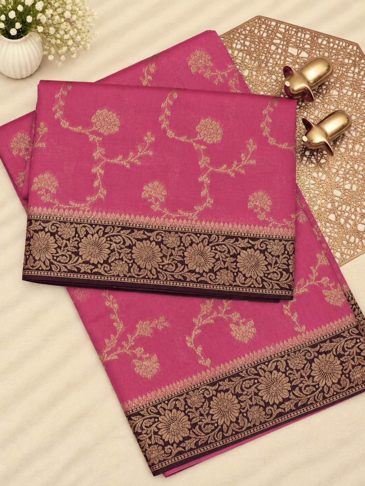 Jute Banarasi Silk Saree - Onion Pink with Brown