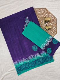Pure Cotton with Hand Block Prints - Dark Purple with Sea Green