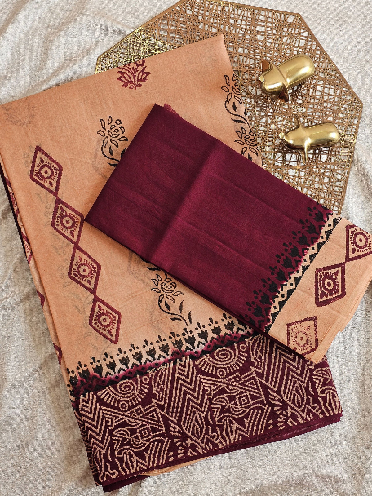 Pure Cotton with Hand Block Prints - Brown with Maroon