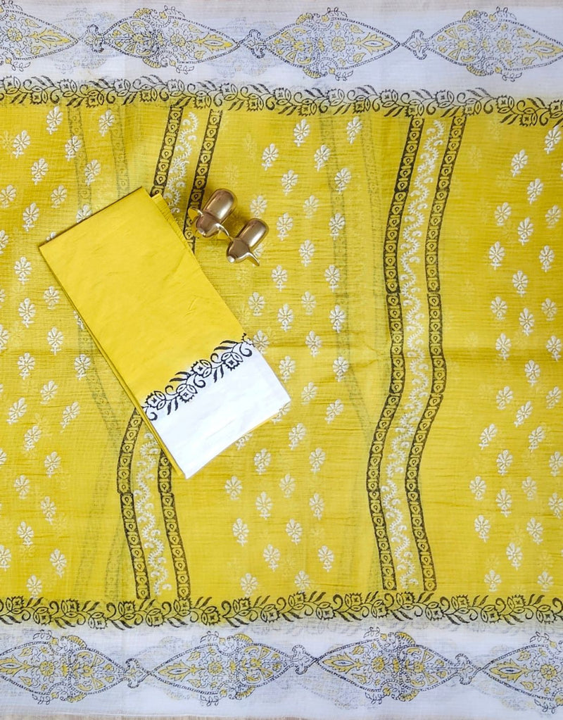 Premium Kota Cotton with Hand Block Prints - Yellow with White