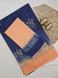 Pure Cotton with Checks Hand Block Prints - Blue with Dark Orange