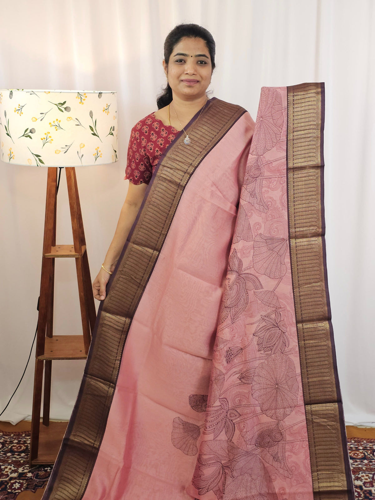 Pure Chanderi Butter Silk - Soft Baby Pink with Dark Chocolate Brown