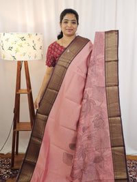 Pure Chanderi Butter Silk - Soft Baby Pink with Dark Chocolate Brown