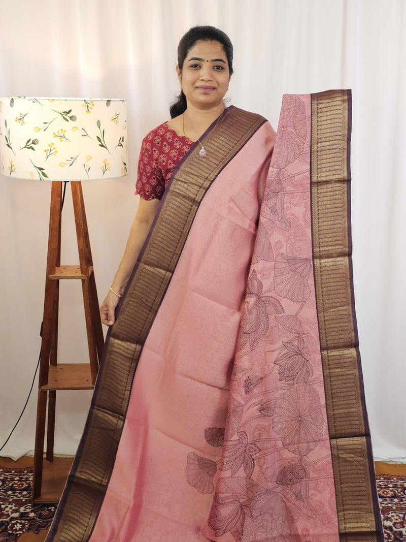 Pure Chanderi Butter Silk - Soft Baby Pink with Dark Chocolate Brown