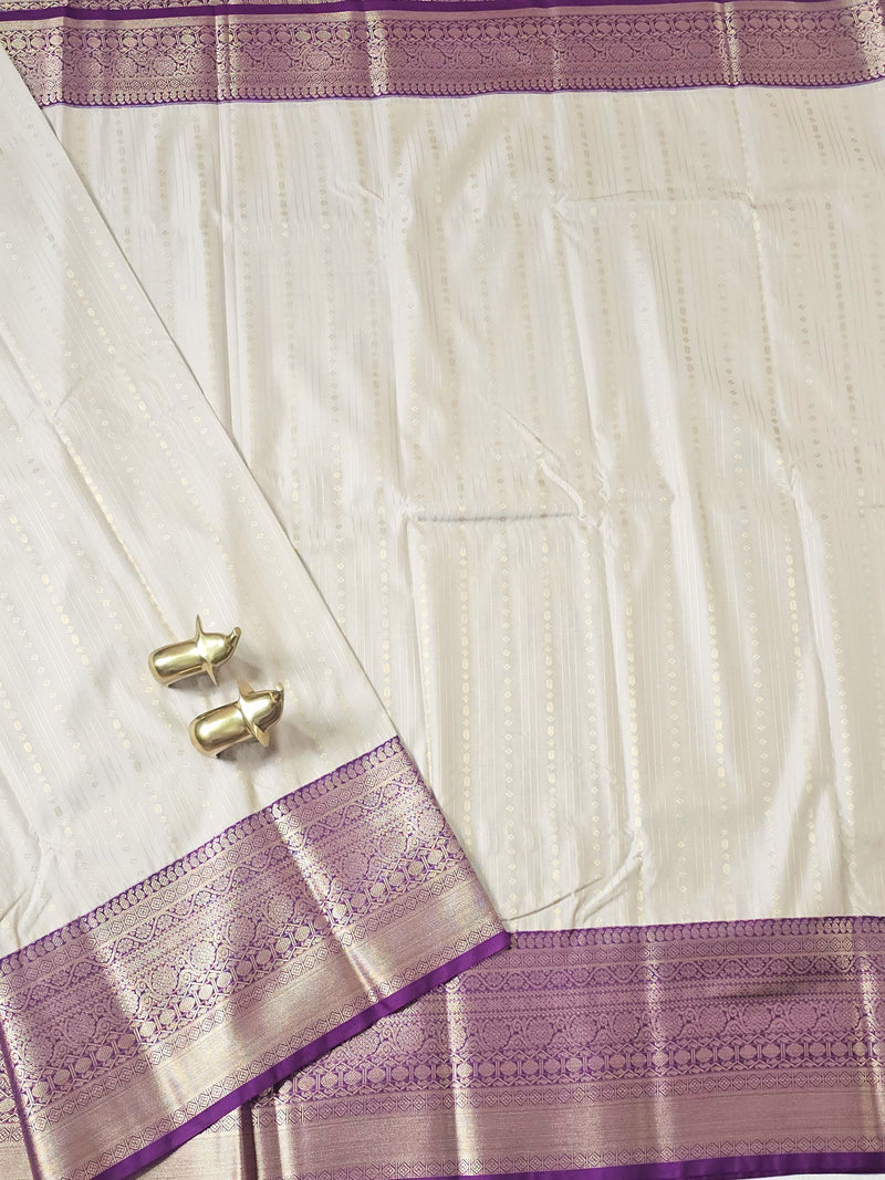 Semi Kanjivaram Soft Silk Borcade Saree - Cream with Purple