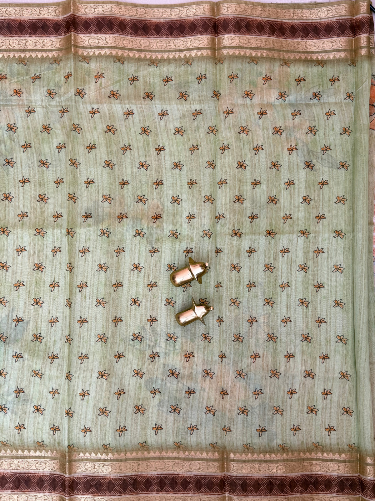 Unique Semi Tussar with Zari Border and Digital Prints - Green
