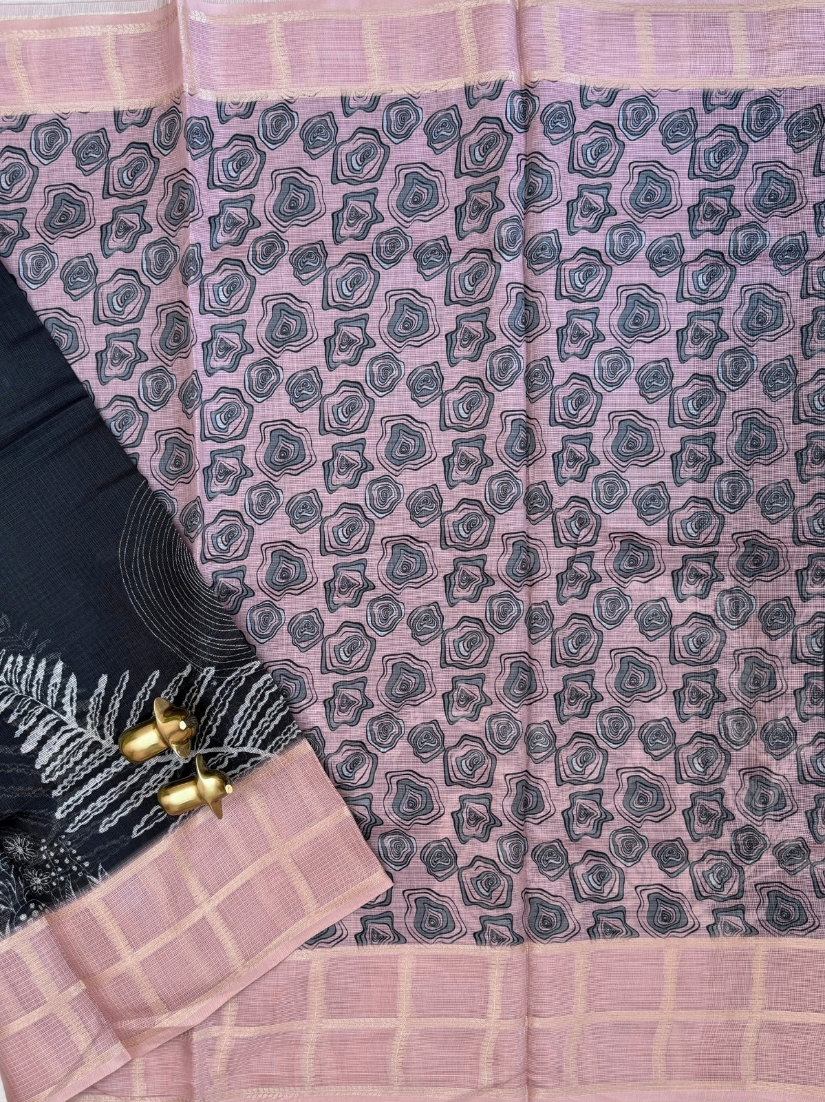 Premium Soft Semi Tussar Kota Weaving with Digital Prints - Black with Onion Pink