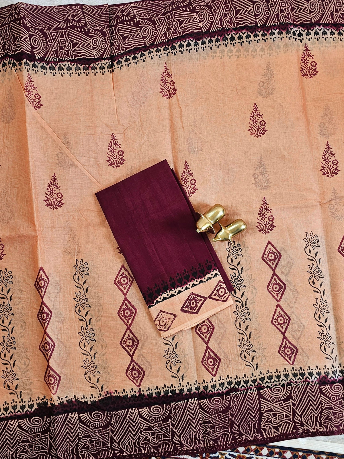 Pure Cotton with Hand Block Prints - Brown with Maroon