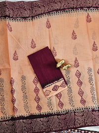 Pure Cotton with Hand Block Prints - Brown with Maroon