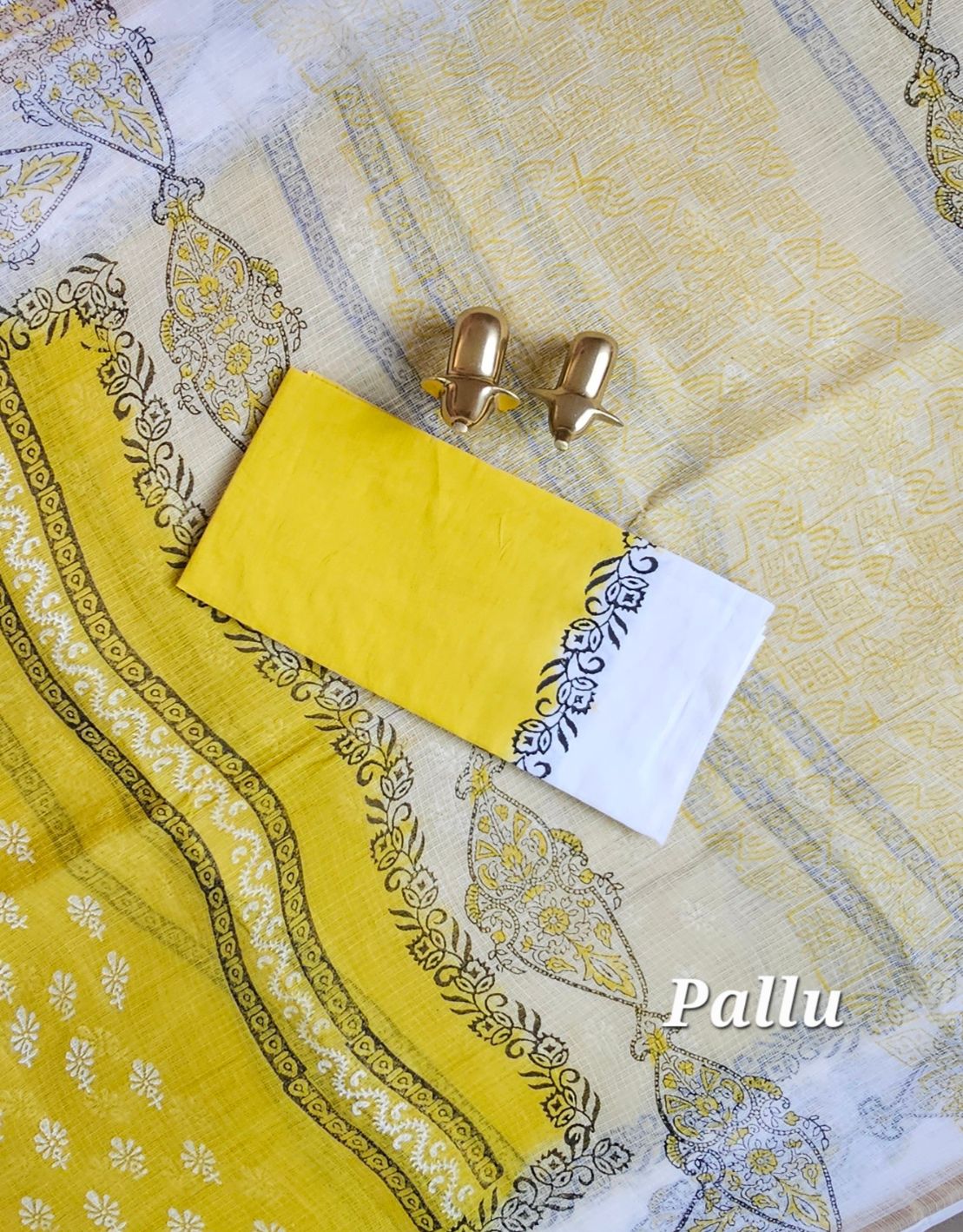 Premium Kota Cotton with Hand Block Prints - Yellow with White