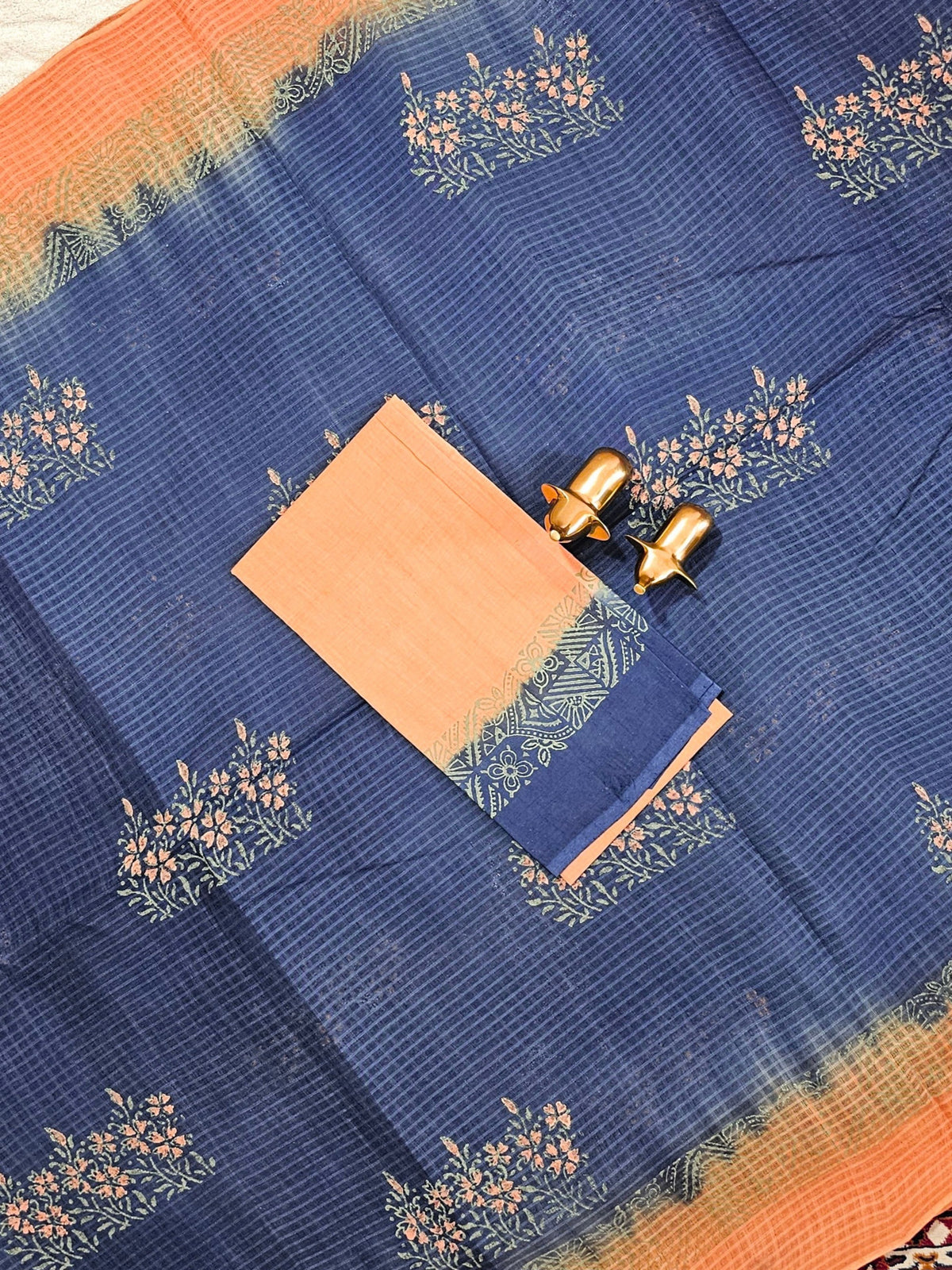 Pure Cotton with Checks Hand Block Prints - Blue with Dark Orange
