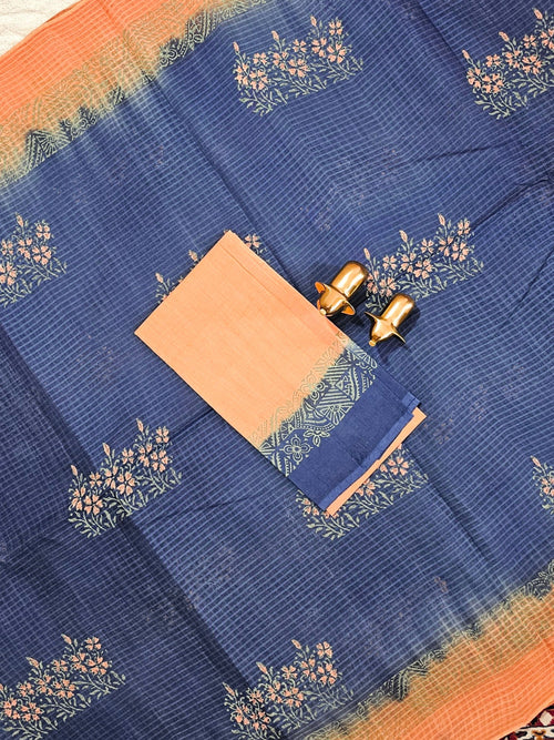 Pure Cotton with Checks Hand Block Prints - Blue with Dark Orange