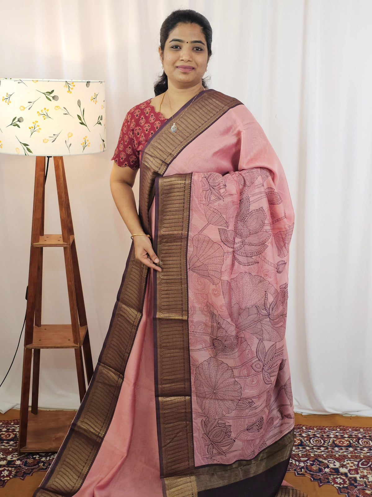 Pure Chanderi Butter Silk - Soft Baby Pink with Dark Chocolate Brown
