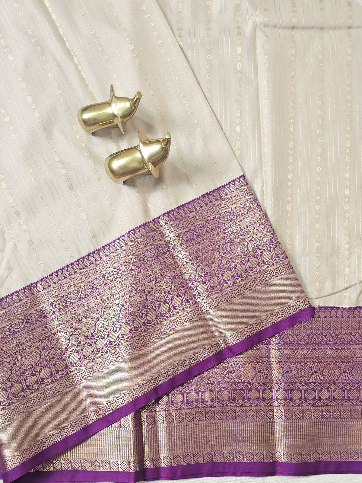 Semi Kanjivaram Soft Silk Borcade Saree - Cream with Purple
