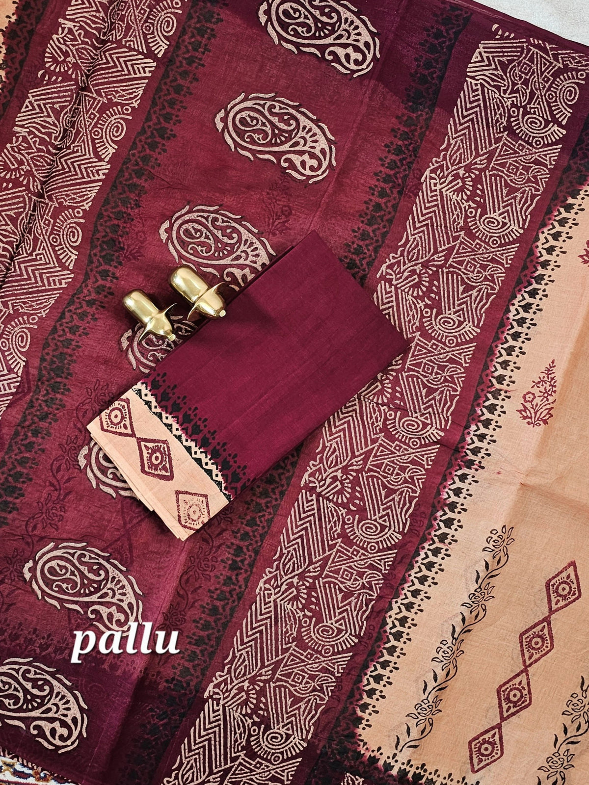 Pure Cotton with Hand Block Prints - Brown with Maroon