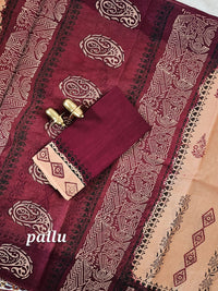 Pure Cotton with Hand Block Prints - Brown with Maroon