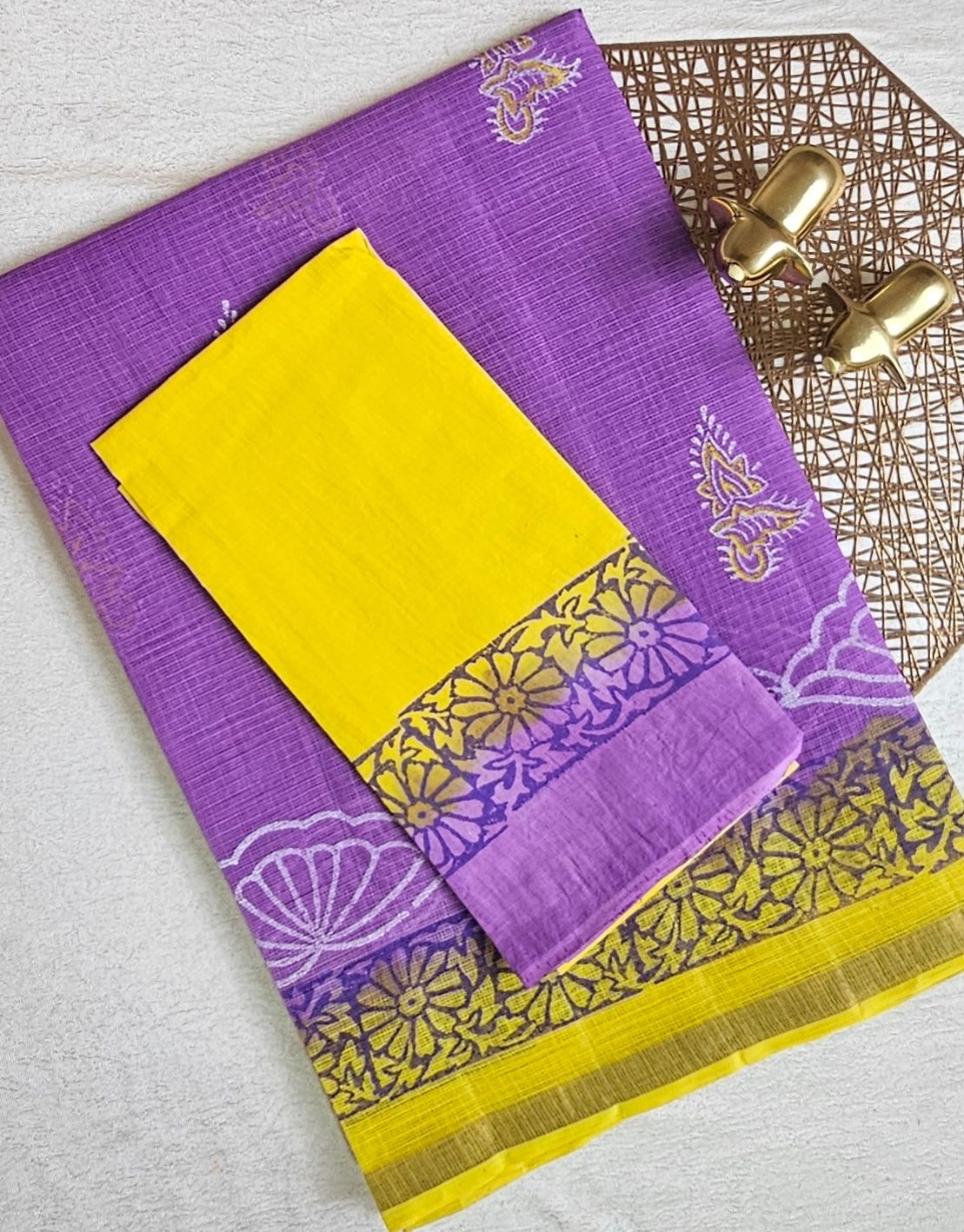 Premium Kota Cotton with Hand Block Prints - Purple with Yellow