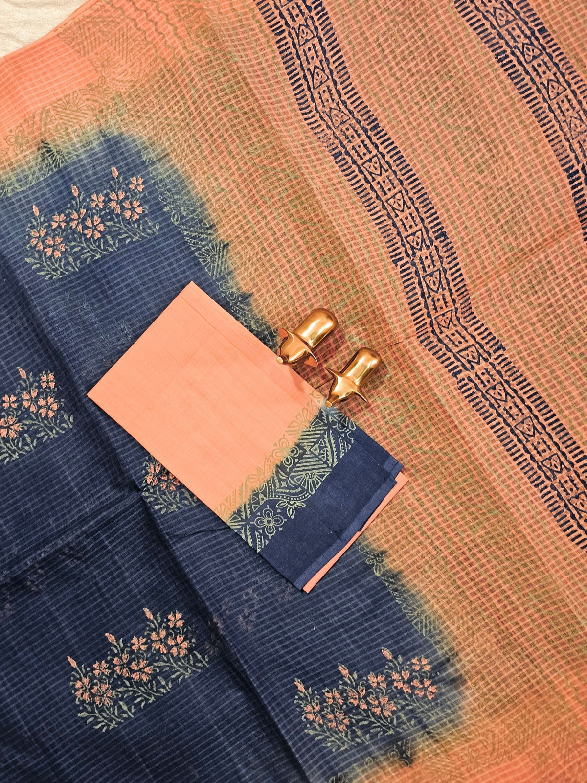 Pure Cotton with Checks Hand Block Prints - Blue with Dark Orange