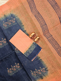 Pure Cotton with Checks Hand Block Prints - Blue with Dark Orange