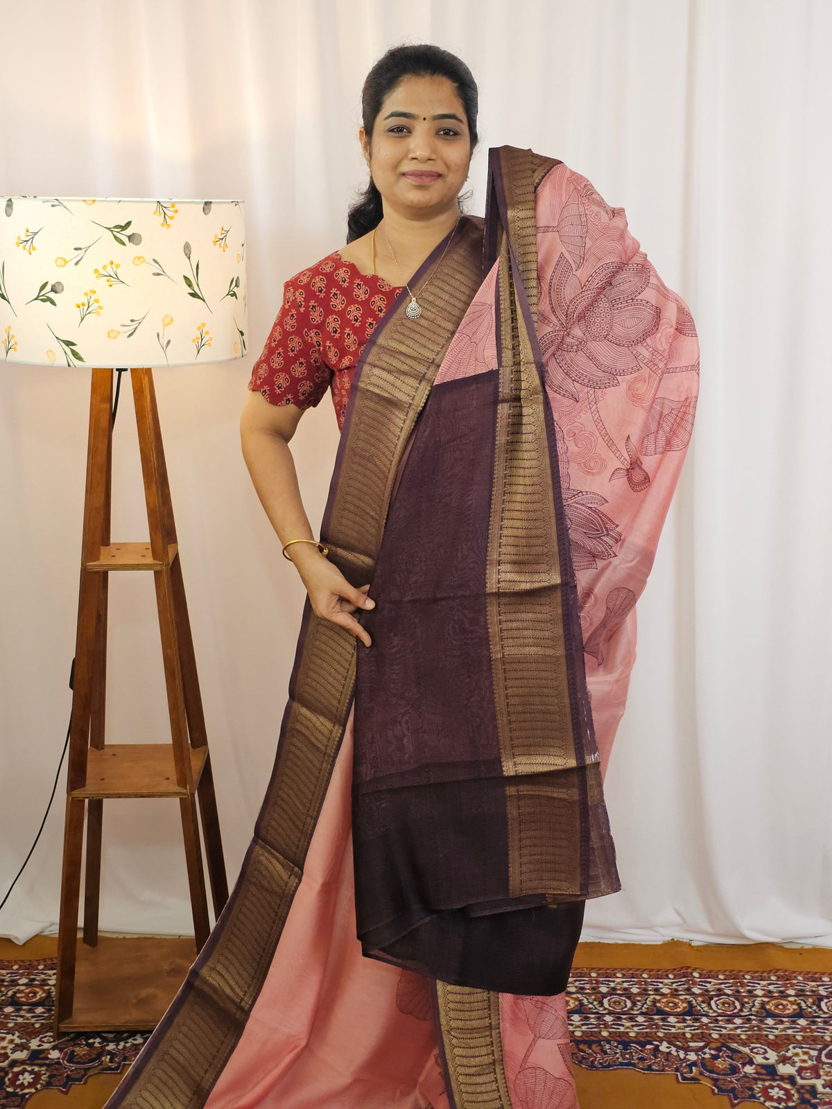 Pure Chanderi Butter Silk - Soft Baby Pink with Dark Chocolate Brown