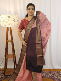 Pure Chanderi Butter Silk - Soft Baby Pink with Dark Chocolate Brown