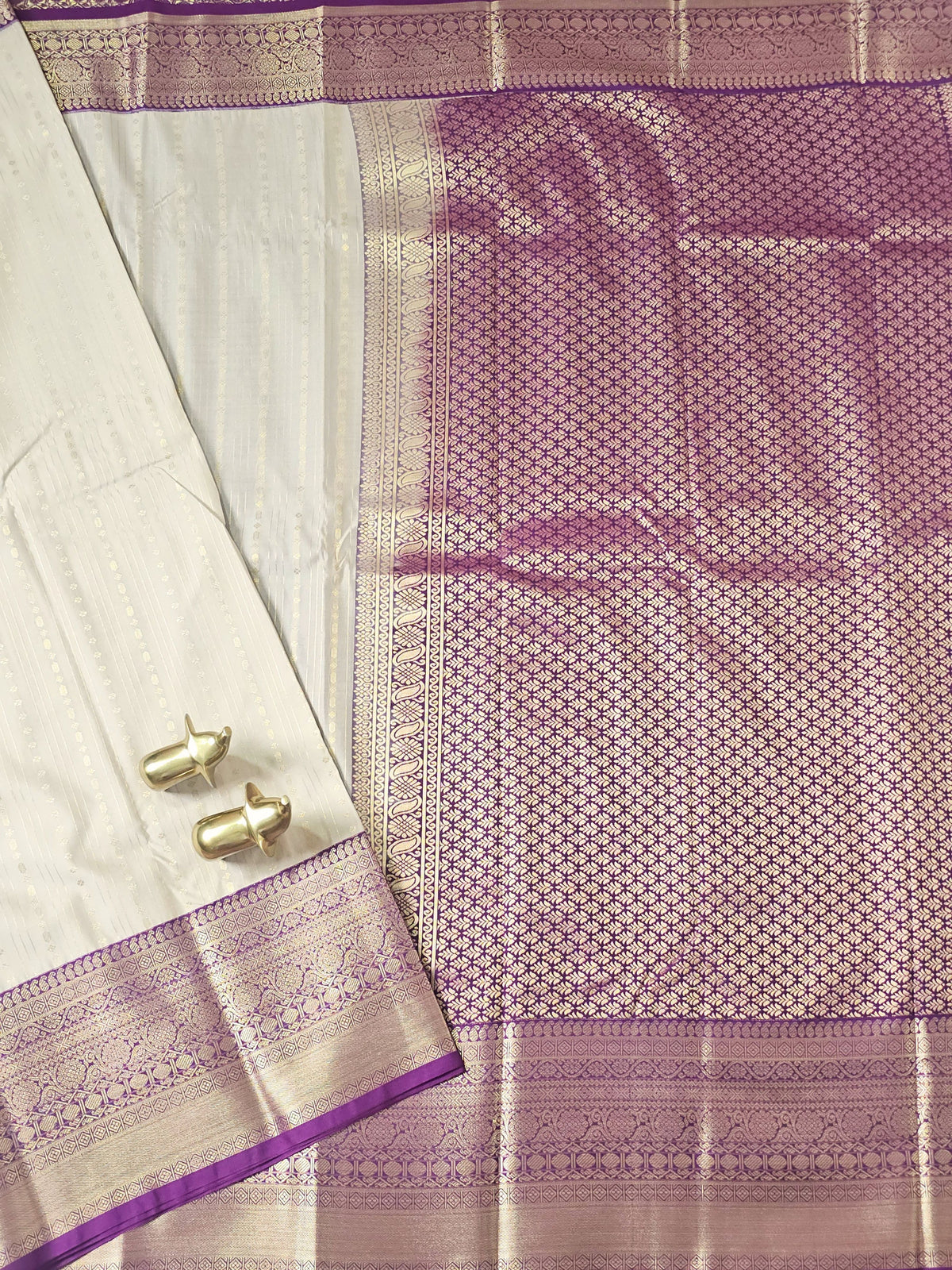 Semi Kanjivaram Soft Silk Borcade Saree - Cream with Purple