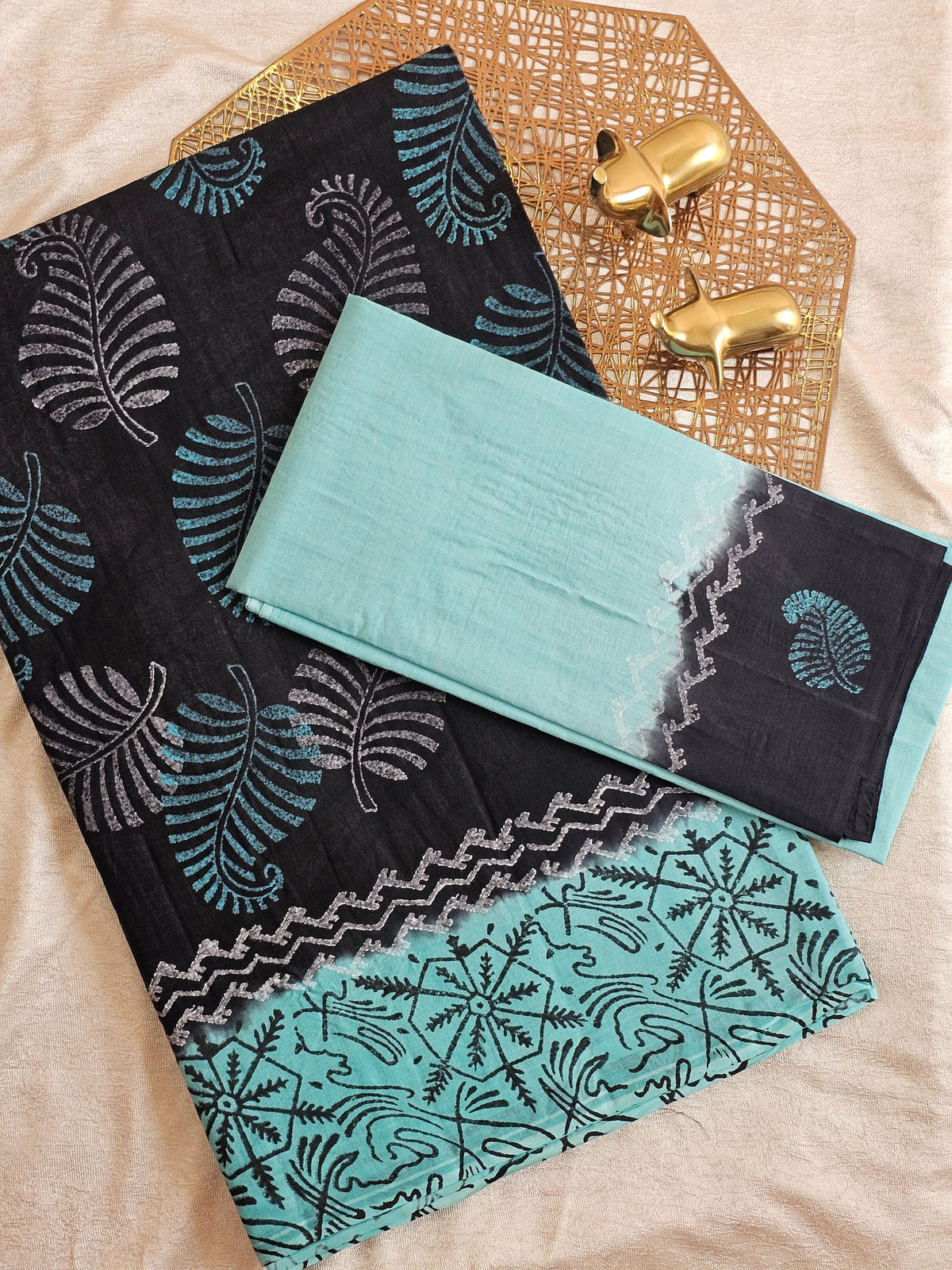 Pure Cotton with Hand Block Prints - Black with Blue