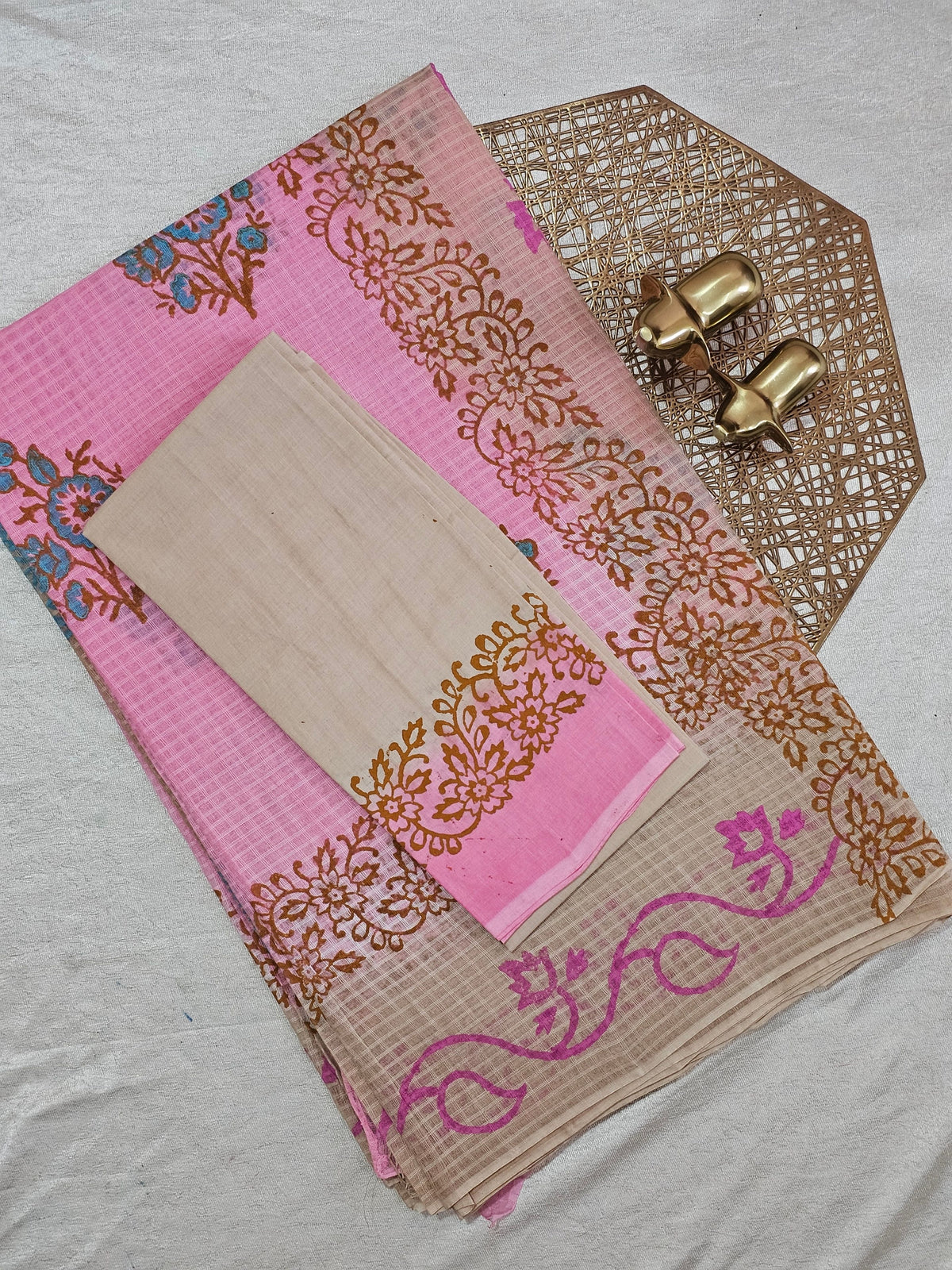 Pure Cotton with Checks Hand Block Prints - Pink with Beige