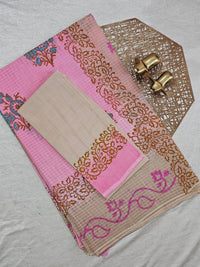 Pure Cotton with Checks Hand Block Prints - Pink with Beige