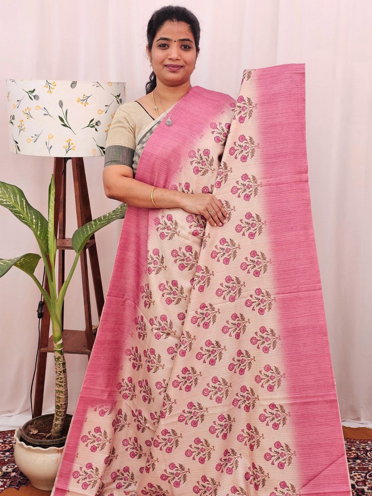 Green Silk with Digital Prints - Cream with Pink