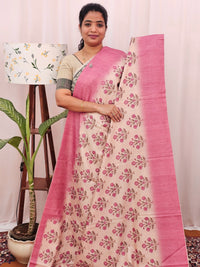 Green Silk with Digital Prints - Cream with Pink