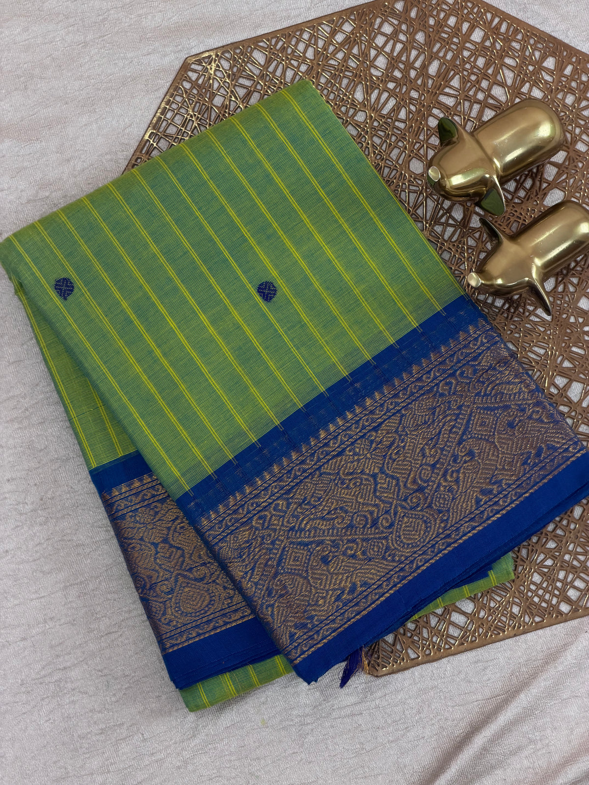Chettinad Cotton Saree - Green with Blue Stripes