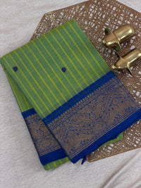 Chettinad Cotton Saree - Green with Blue Stripes
