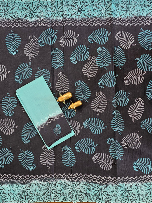 Pure Cotton with Hand Block Prints - Black with Blue