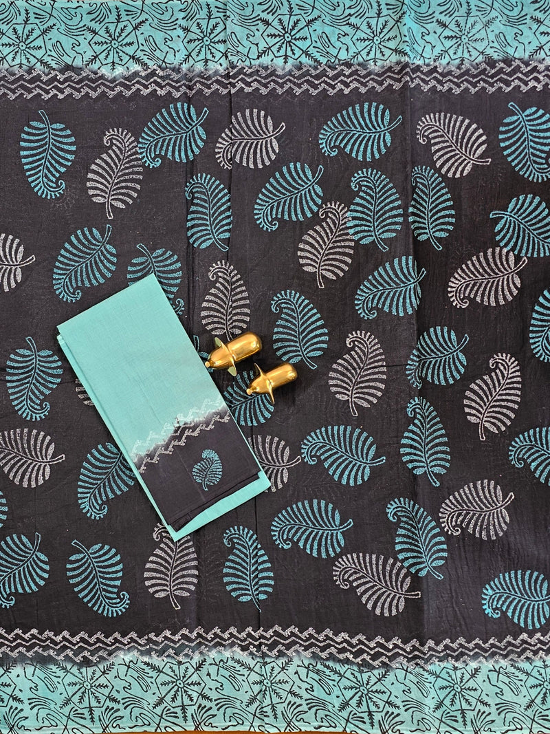 Pure Cotton with Hand Block Prints - Black with Blue