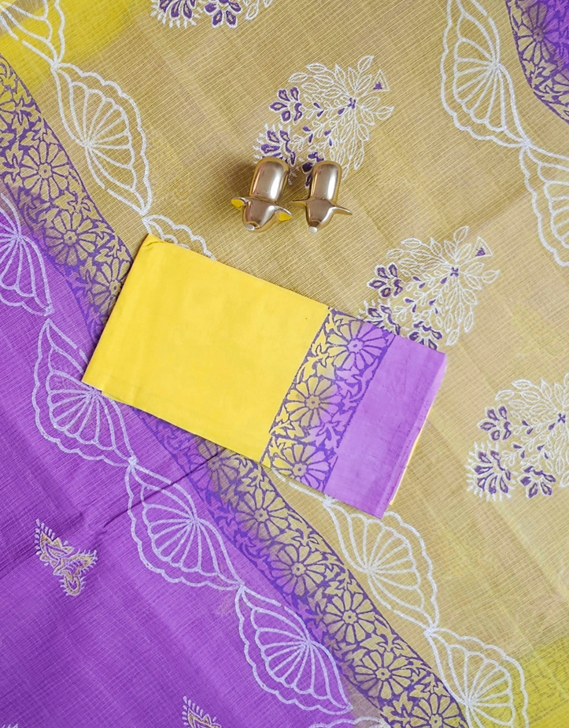 Premium Kota Cotton with Hand Block Prints - Purple with Yellow