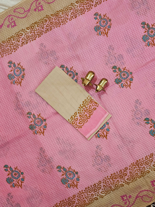 Pure Cotton with Checks Hand Block Prints - Pink with Beige