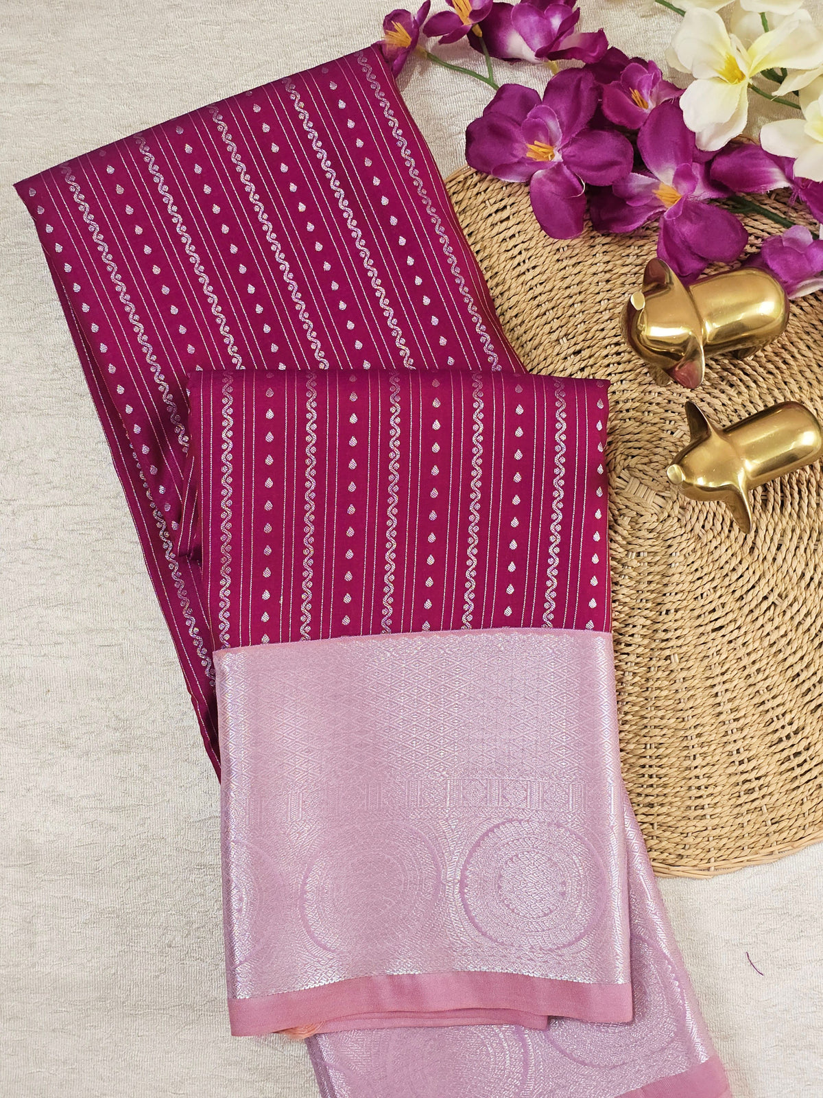 Semi Kanjivaram Soft Silk Borcade Saree - Magenta Pink with Pink